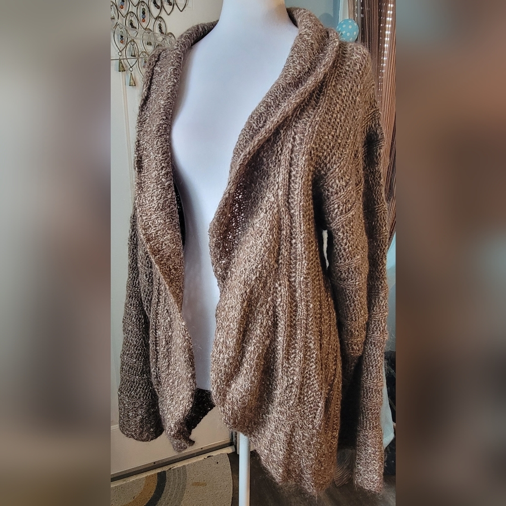 mac & jac Open Front Chunky Cardigan Women's L Brown Open Knit Cotton Mohair Ble